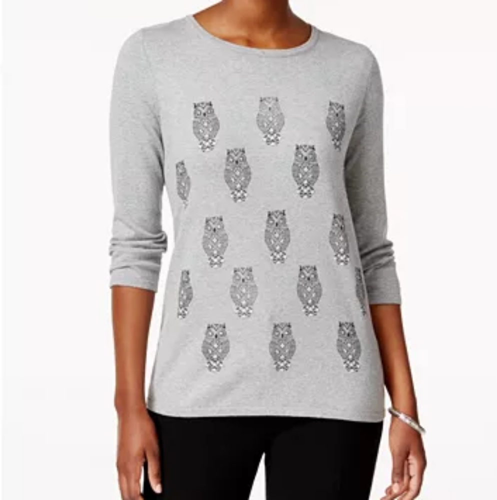 Karen Scott Grey Owl Sweater Rhinestone Jeweled Eyes Cozy Knit Size M